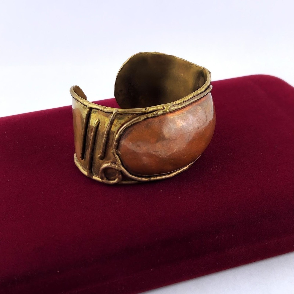 Vintage‎ Brutalist Mixed Metal Repousse Cuff Bracelet Copper Brass Studio Art